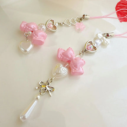 Pink Princess Bow Heart Phone Charm Bowknot Imitation Pearl love Star Beaded Lanyard Chain Keyring for Phone Backpack Wallet