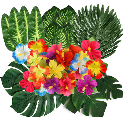 Artificial Tropical Palm Leaves Hibiscus Flower for Beach Table Decor Hawaiian Luau Wedding Jungle Safari Birth Party Decoration