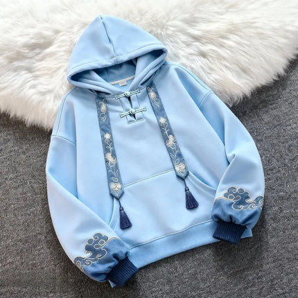 New Chinese Style Hooded Embroidered Fleece Women's Sweatshirt Slimming Loose Fit Comfortable Long Sleeve Polyester Casual St...