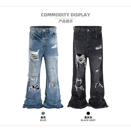 MIJKO Unisex Wide Leg Flared Jeans Torn Hole Cut with Cat Whisker Fringe Blue for Men And Women ZJ014