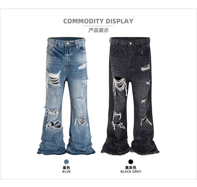 MIJKO Unisex Wide Leg Flared Jeans Torn Hole Cut with Cat Whisker Fringe Blue for Men And Women ZJ014