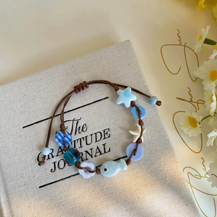 Ceramic Fish Stars Braided Rope Bracelets for Women Cute Blue Small Buttons Bracelets Romantic Adjustable Jewelry Accessories