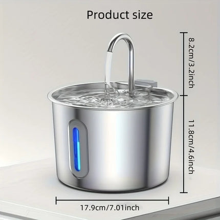 Stainless steel automatic pet water dispenser, 74 ounces/2.2 liters, with water level window for easy viewing of water level