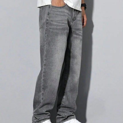 Men's straight skinny grey jeans, straight and simple design, suitable for daily wear in all seasons