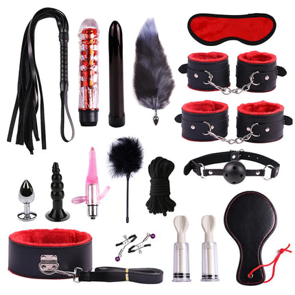 23PCS BDSM Bondage Set Handcuffs Ball Gag Whip Anal Plug Vibrator Egg Sex Toy for Women Men Couples Fetish Slave Role Play Kit