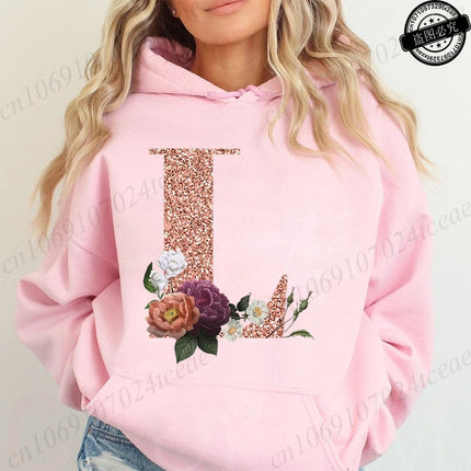 Rose Gold Letter A~Z Printed Women's Sweatshirts Hoodie Fashion Women Hooded Hoodies Casual Harajuku Streetwear Pink Clothing