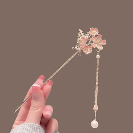 Pink Flower Butterfly Hair Pin Pearls Hair Sticks Forks Gold Color Alloy Headpiece Women Girls Hanfu Dress Chinese Hair Jewelry