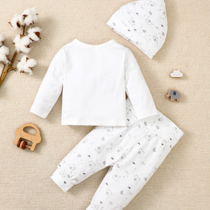 Newborn Baby Set Round Neck Long Sleeved Top+Elephant Print Pants+Hat 3PC Suitable for Autumn Set for Babies Aged 0-9 Months
