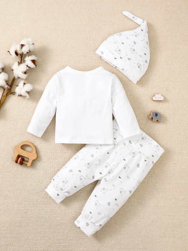 Ensemble Bébé Col Rond Haut Manches Longues+Pantalon Imprimé Éléphant+Chapeau 3 pièces Convient pour l'Automne pour Bébés Âgés de 0 à 9 Mois
