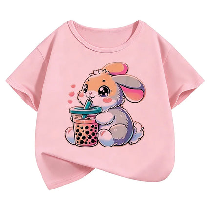 Cute Rabbit Graphic Kids T-shirts Summer Short Sleeve Tees Cartoon Animal Boys Girls Clothes Kawaii Tops Y2K Children T-shirt