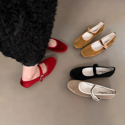 Vintage Flat Velvet Korean Style Mary's Single Shoes Women's 2024 New Spring Autumn Winter Red Warm Evening Shoes