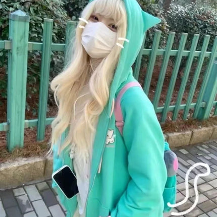 Y2k Kawaii Japanese Cartoon Long Sleeve Zipper Hooded Sweatshirts Subculture Loose Casual Hoodies Women Tops 2000s Vintage Chic