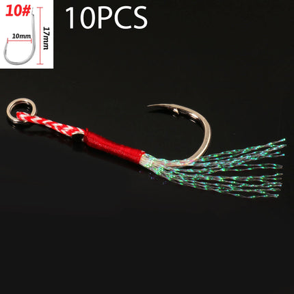 Cast Jig Assist Hook 10PCS/Lot High Carbon Steel Angle Barbed Thread Feather Lake Fishing Tackle Slow Jigging Sea Pesca Fishhook