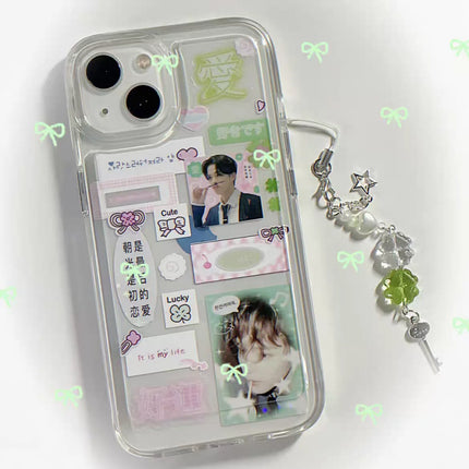 Y2K Lucky Four Leaves Clover Heart Key Ring Green Leaf Star Key Chain Cases for Phone Camera Korean Cute Beaded Couple Keychain
