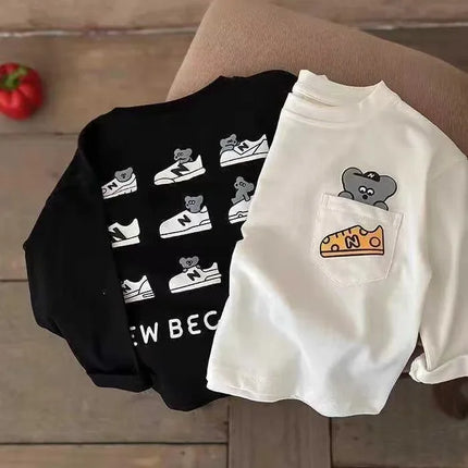 Children's Cartoon Cotton T-Shirt Long Sleeve New 2024 Model Boys Girls Pocket Base Layer Top Spring Autumn For Middle Large Kid