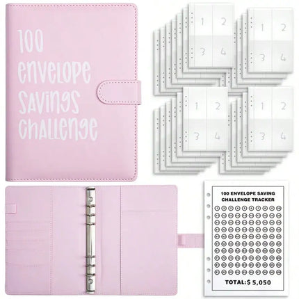 100 Envelope Savings Challenge Binder, PU Leather Budget Planner Book, Money Saving Challenge Notebook for Cash Budgeting Financial Planning
