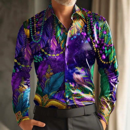 2026 Mardi Gras Men's Carnival Beads Mask with Feathers Shirt Long Sleeve Fashion Casual Party Holiday 3D Print Button Up Shirts