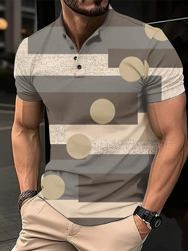 Men's 3D Digital Printed Plaid Casual Short Sleeved Buckle T-shirt Polo Shirt Top