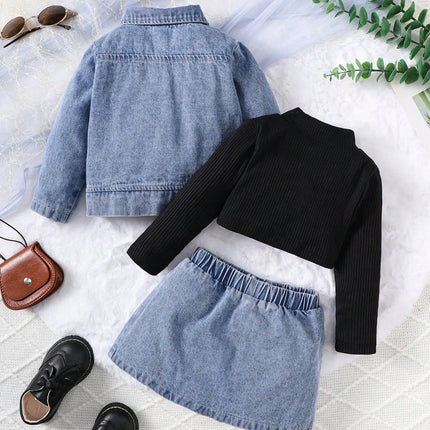 Baby Girl Autumn Trendy Three Piece Denim Jacket Black High Collar Knitted Top Denim Skirt Street Party Set