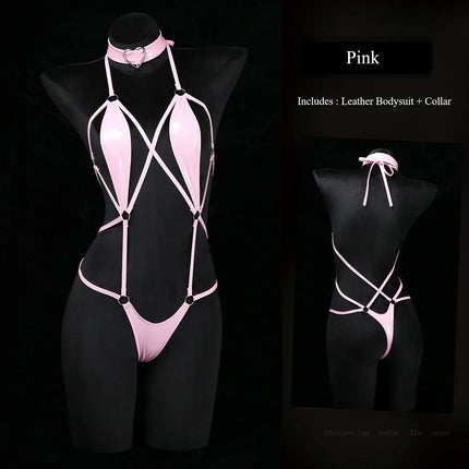 QQ Black Patent Leather Choker Wet Sexy Lingerie Bodysuits Erotic Crotchless Leather Jumpsuit Underwear Costumes Lingerie Set