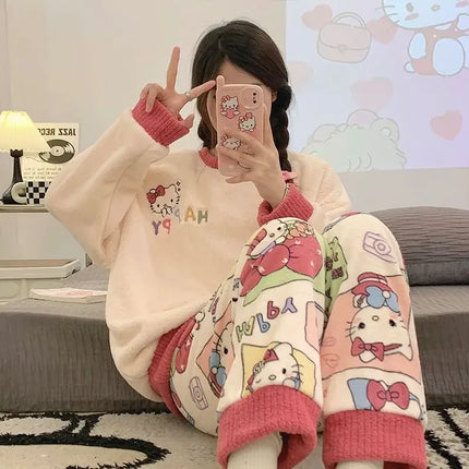 Hello Kitty cartoon anime character Snoopy pajamas flannel kawaii Kuromi plus velvet thickened cute home clothes set wholesale