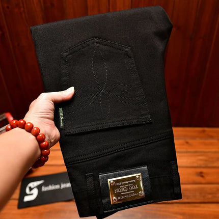 2025Autumn Fashion Simple Black Jeans for Men Trendy Embroidery Print Design Korean Style Stretch Slim Fit Skinny Pants