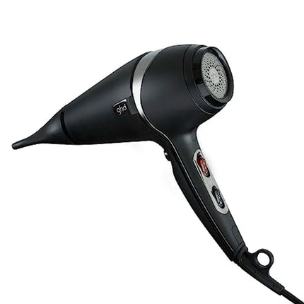 Salon-use black hair dryer with 1600W motor, ionic technology, adjustable temperature, concentrator nozzle for fast drying