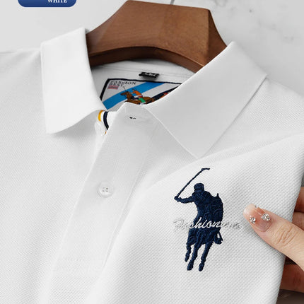 Luxury Embroidery Men's Polo Shirt Summer Thin Breathable 100%Cotton Black Navy Blue Lapel Short-Sleeved Tops Brand Clothing