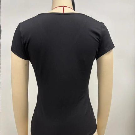 2025 Summer New Fashion Women's T-Shirt Solid-Color Slim-Fit V-Neck Short-Sleeve Top Y2k Clothing