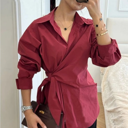 Women's New Shirt Side Waist Tie Slim Fit Casual Long Sleeve Solid Shirt 2026 New Collection Autumn Fashion Loose Ropa Mujer