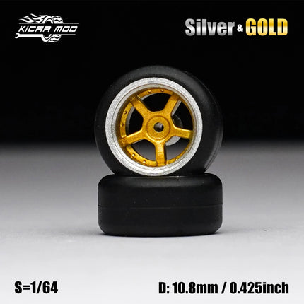 1/64 Model Car Gold and Silver Wheels with Fixed Rubber Tires Comes with Rivets for Diecast Model Refitting Parts for Hot Wheels