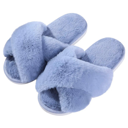 Evshine Women Fuzzy Slippers Fashion Cross Band Memory Foam House Slippers Indoor Outdoor Open Toe Plush Slides Casual Flat Shoe