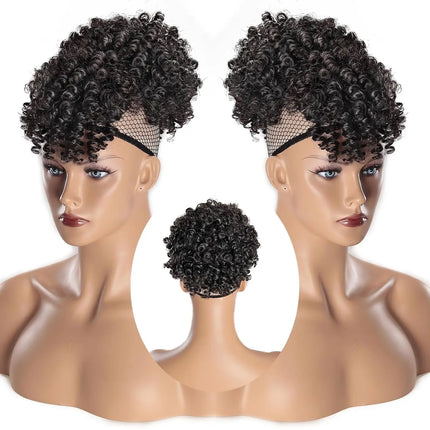 Afro Puff Drawstring Ponytail with Bangs Pineapple Updo Hair for Black Women, Short Kinky Curly Synthetic Ponytail Bun