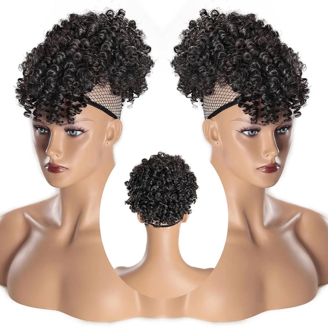 Afro Puff Drawstring Ponytail with Bangs Pineapple Updo Hair for Black Women, Short Kinky Curly Synthetic Ponytail Bun