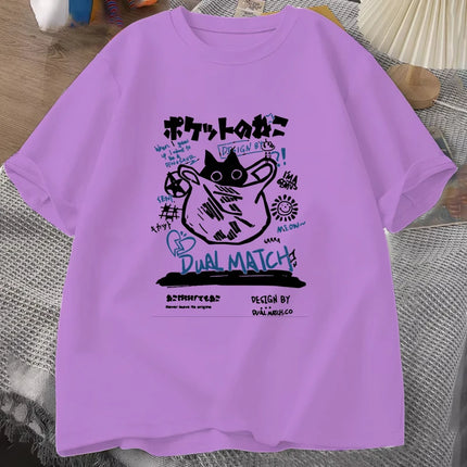 Cat T Shirt Women Casual Personality Round Neck Short Sleeve Fashion T Shirt Cat Lover Summer Loose T Shirts