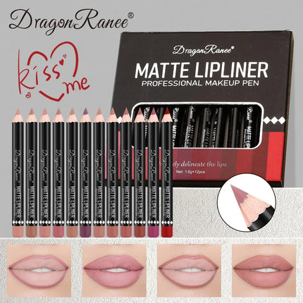 12 Color Nude Matte Lipstick Pencil Set Long-Lasting Waterproof High Pigment Wooden Lip Liner Makeup Tool for Lips