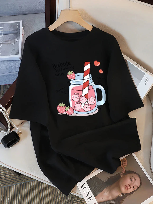 Delicious Strawberry Drink Printed Women's T-shirt Summer Breathable Street Casual Sports Cool Short Sleeve Women Clothing Y2K