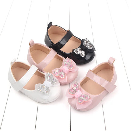 Casual Cute Rhinestone Bowknot Decor Mary Jane Shoes For Baby Girls, Lightweight Non-slip Walking Shoes For Spring And Autumn