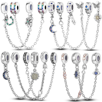Sparkling Clear Silver Safety Chain 925 Sterling Silver Safety Chain Charm Beads Fit Original Bangle Bracelet DIY Jewelry