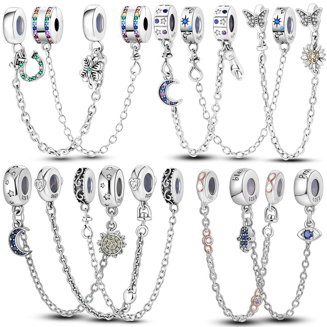 Sparkling Clear Silver Safety Chain 925 Sterling Silver Safety Chain Charm Beads Fit Original Bangle Bracelet DIY Jewelry