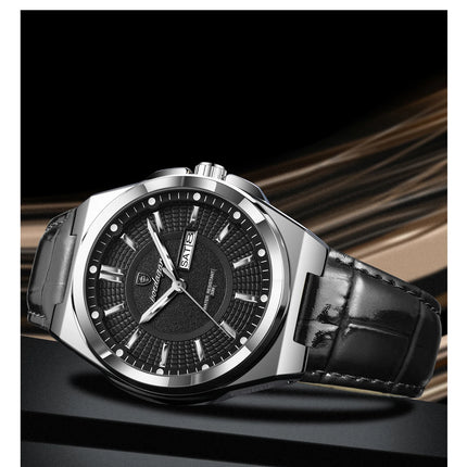 POEDAGAR Trendy Sport Men's Wristwatch Waterproof Luminous Date Week Business Fashion Men's Quartz Watches Leather Men's Watch Reloj