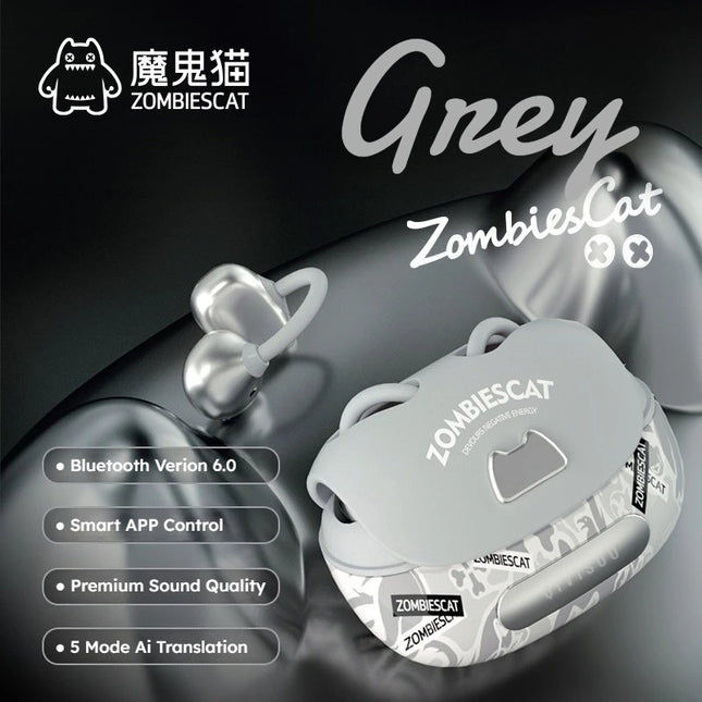 Zombies Cat B23 Graffiti Design Bluetooth 6.0 OWS Ear Clip Earbuds AI Translating Headphone TWS Wireless Earphone with Smart APP
