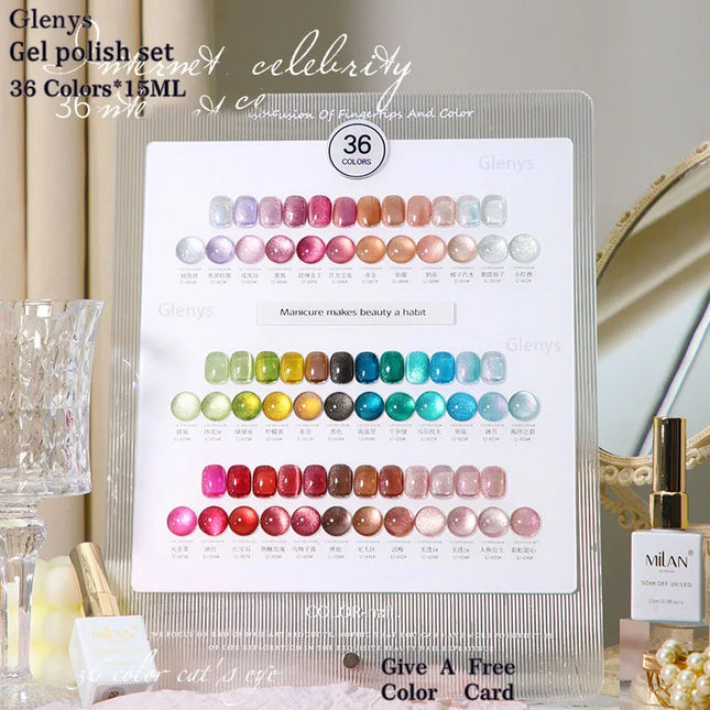 Glenys 36 color cat's eye nail polish gel polishing set with color card semi permanent UV LED varnish gel series nail polish set