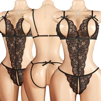 Sexy Lingerie Women Mesh Lace Floral Open Bra Set Porno Costumes Deep V Neck Crotchless Babydoll Dress Hot Erotic Underwear Set