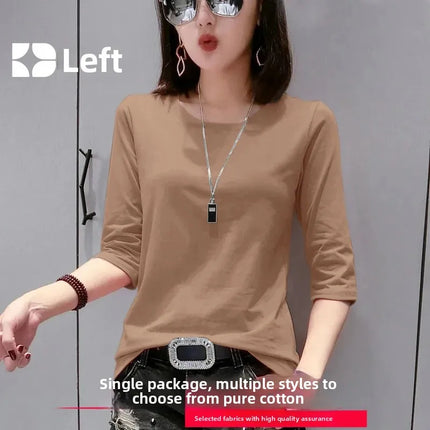 High-End Pure Cotton T-Shirt Women's Summer 3/4 Sleeve 2025 New Korean Style Fashionable Simple Slimming Top Body Shirt