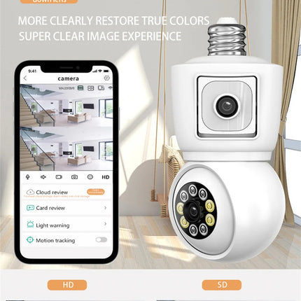 ICsee E27 6MP Bulb WiFi Camera Dual Lens Dual Screen Auto Tracking Two Way Audio Color Night Vision for Indoor Security Camera
