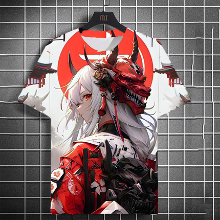 Men's fashionable versatile T-shirt 3D printed Japanese samurai sword girl anime personality short sleeved trendy men's clothing