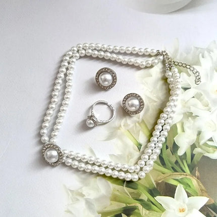 4Pcs for Women's Party Accessories Jewelry Fashion Elegant Geometric Round Rhinestone Imitation Pearl Beaded Necklace Earring
