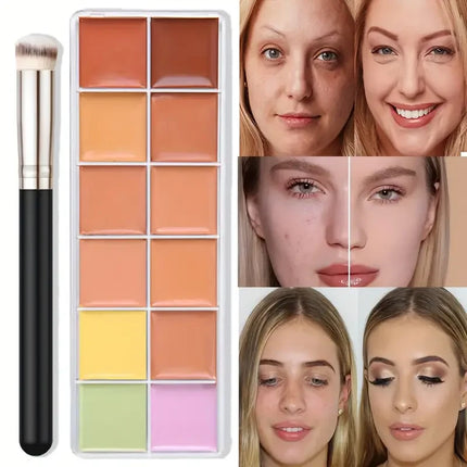 VERONNI 12Color Concealer Palette with Brush-Natural Cream Acne Spot Dark Circles Cover Face Foundation Brighten Cosmetic Makeup