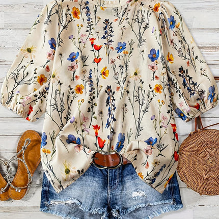 Ladies Floral Print Bubble Sleeve Casual Vacation 7/8 Length Shirt Elegant Feminine Summertime Top for Women